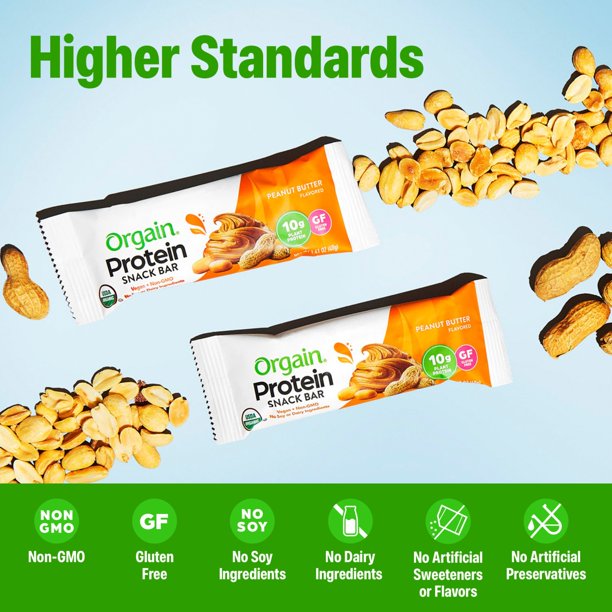 Orgain Organic Plant Based Protein Snack Bars, Peanut Butter Snack
