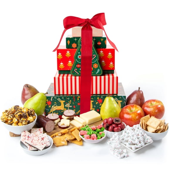 Deluxe Christmas Fruit, Cheese, & Snacks Gift Tower