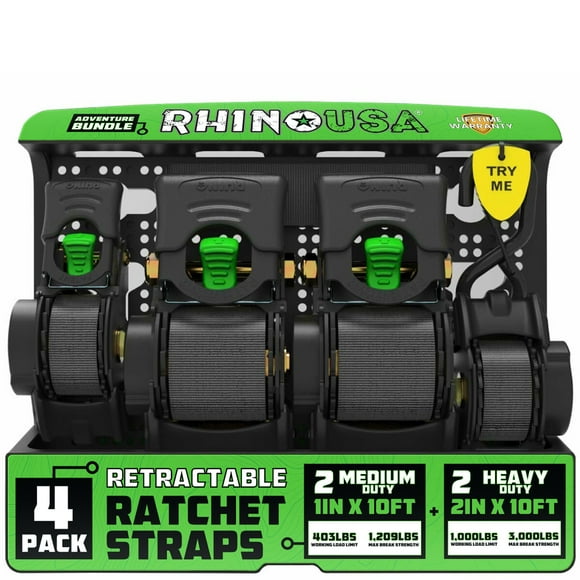 Rhino USA's 4pk Retractable Straps- Includes 2- 2"x10' and 2- 1"x10'