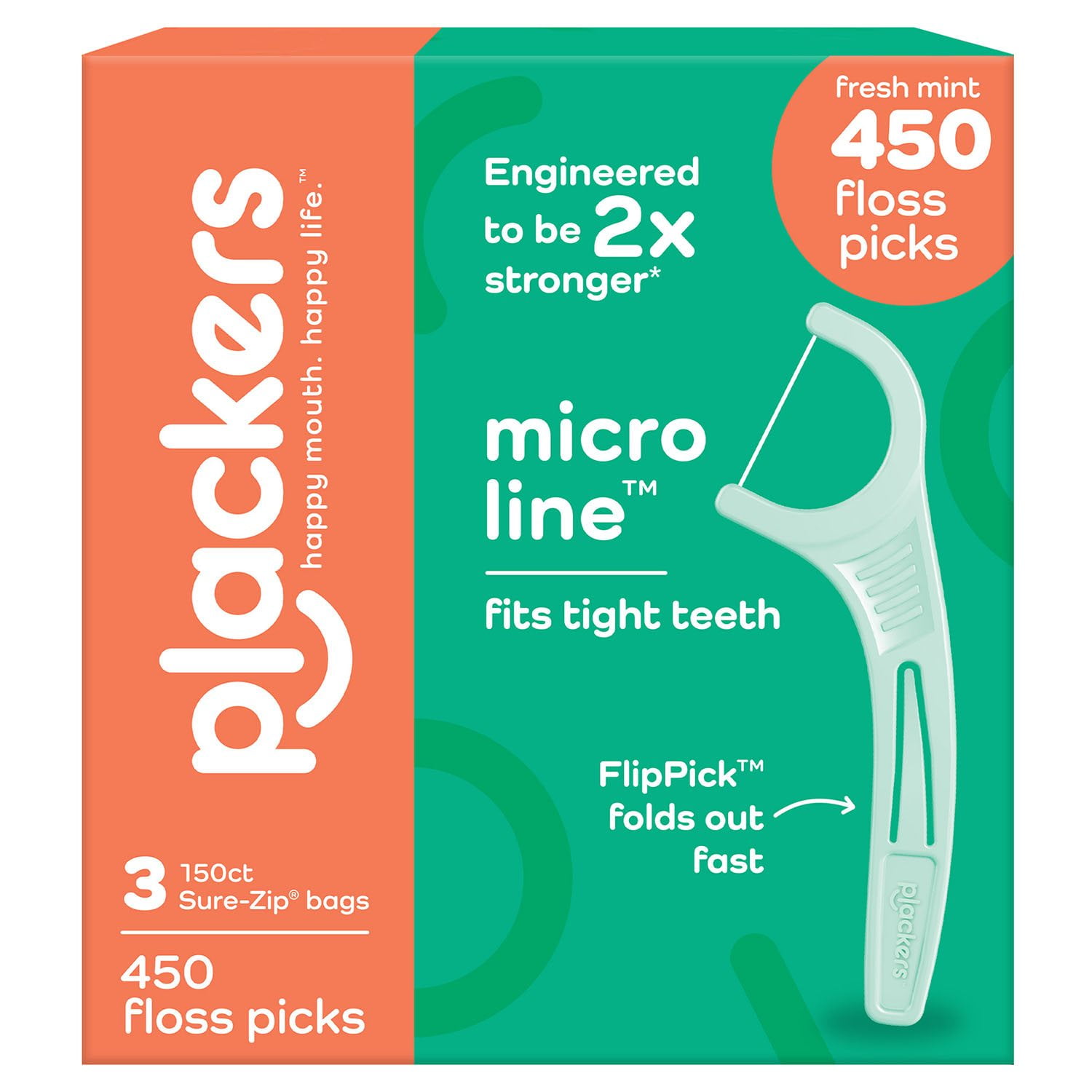 Plackers Micro Line Dental Floss Picks, Mint, 450 ct