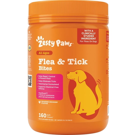 Zesty Paws Flea & Tick Kit Bites for Dogs, to Repel, Control, and Prevent Fleas & Ticks, 160ct Bites