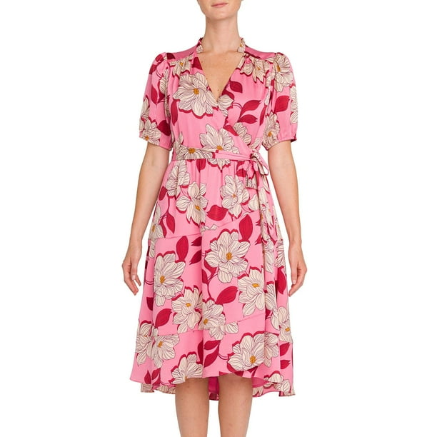 knee length dresses for ladies Women Red & White Floral Printed V-Neck Flutter Sleeve Waist Tie-Up  Straight Hem Wrap Midi Dress main image 1