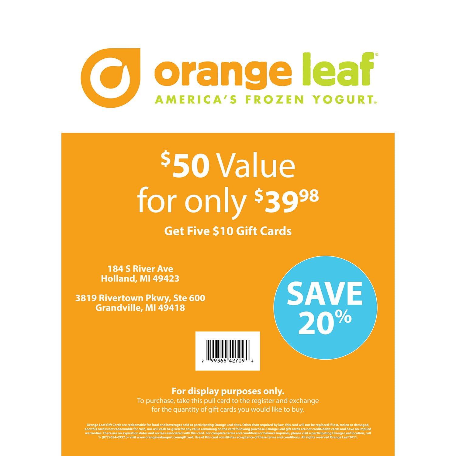 お得なフォロー割ஐ Orangena ஐ♡ Orange Leaf Frozen Yogurt $50 Value Gift Cards - 5 x $10