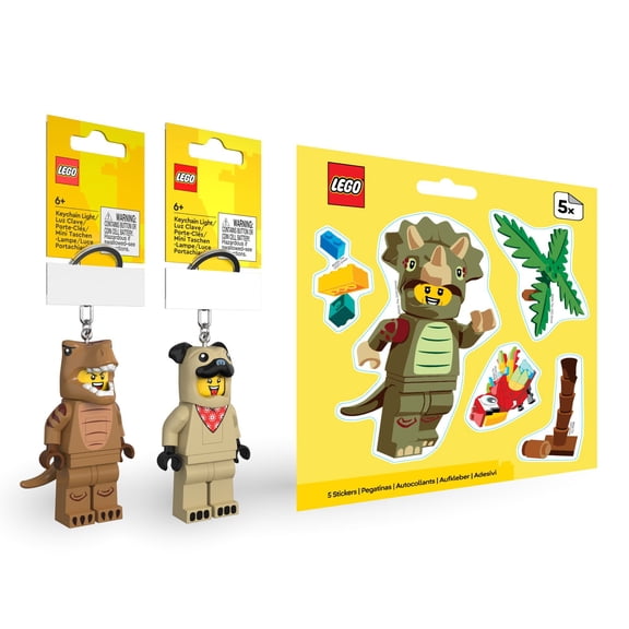 LEGO T-Rex & Pug Keychain Lights + Triceratops Sticker