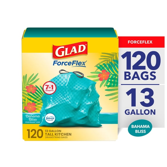 Glad ForceFlex MaxStrength 13-Gallong Kitchen Drawstring Trash Bags, Bahama Bliss + Febreze, Teal, 120 ct.