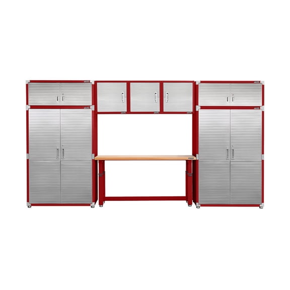 Seville Classics UltraHD 8-Piece Steel Garage Cabinet Storage Set w/ Height Adjustable Workbench, 14 Feet Wide