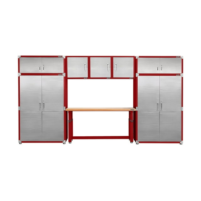 Seville Classics UltraHD 8-Piece Steel Garage Cabinet Storage Set w/ Height Adjustable Workbench, 14 Feet Wide