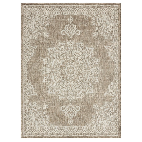 Nicole Miller New York Patio Country Azalea Transitional Medallion Indoor/Outdoor Area Rug, Taupe/Ivory