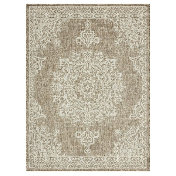 Nicole Miller New York Patio Country Azalea Transitional Medallion Indoor/Outdoor Area Rug, Taupe/Ivory