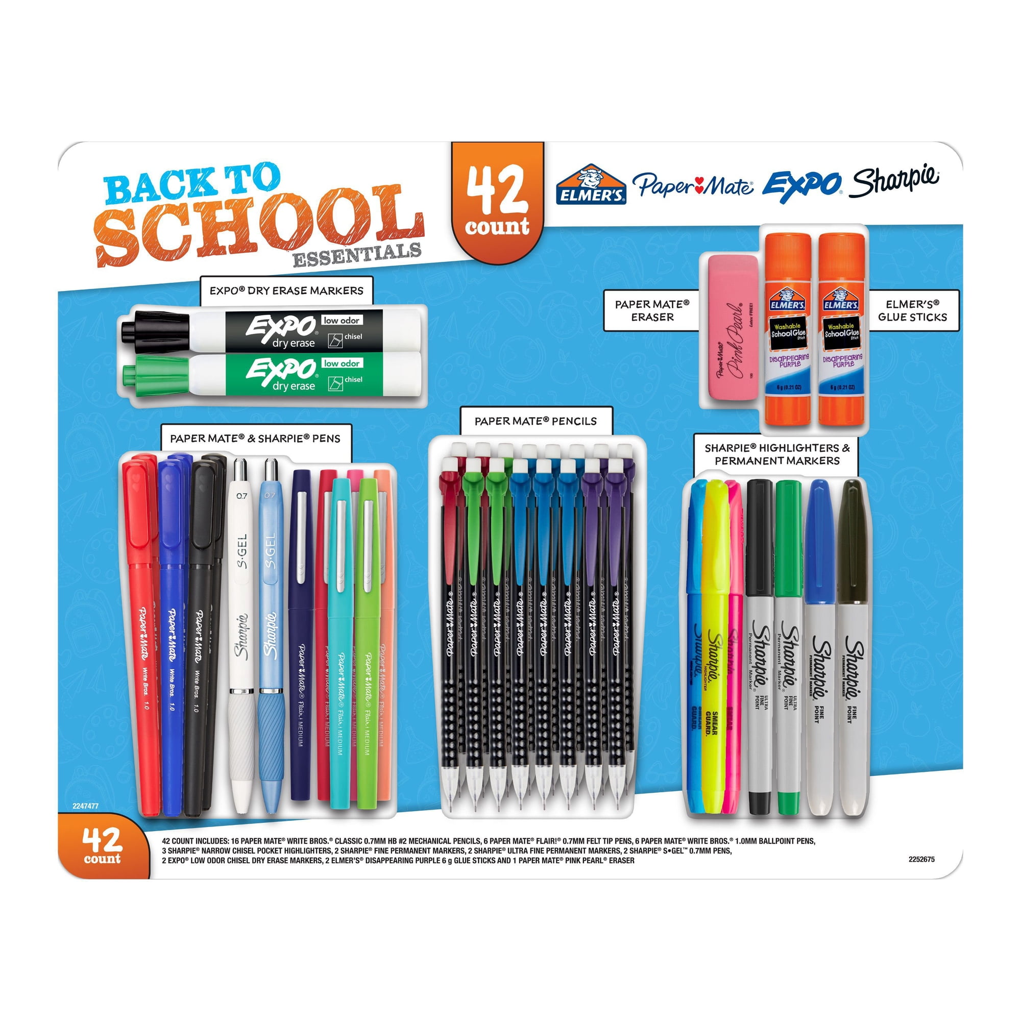 Back to School Supplies Variety Pack, Ballpoint Pens, Glue Sticks, Mechanical Pencils, Highlighters and More, 42 Count