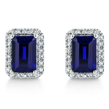 Emerald Cut Lab Created Gemstone & 0.11 CT. T.W. Diamond Stud Earrings in Sterling Silver