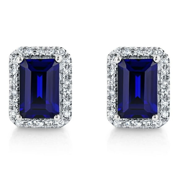 Emerald Cut Lab Created Gemstone & 0.11 CT. T.W. Diamond Stud Earrings in Sterling Silver