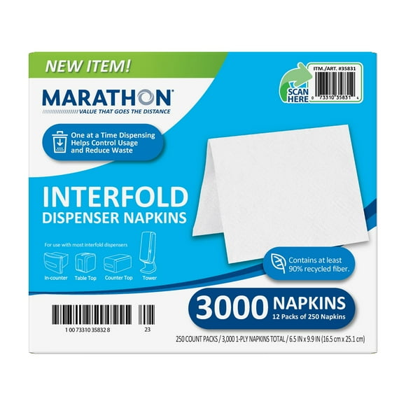 Marathon Interfold 1-Ply White Dispenser Napkins, 12 pk., 250 napkins/pk.
