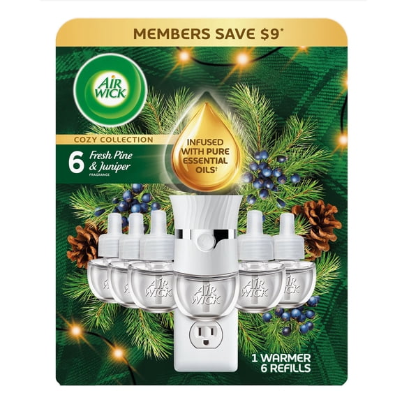 Air Wick Plug In Scented Oil Air Freshener, Holiday Fresh Pine & Juniper, 1 Warmer + 6 Refills