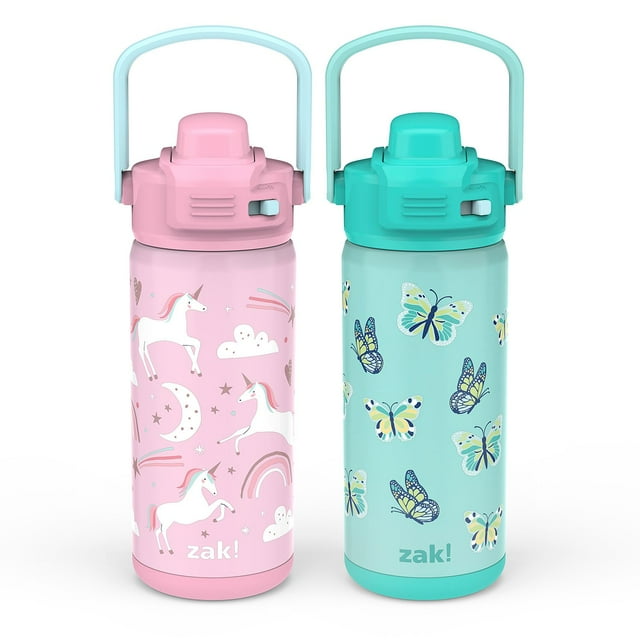 Zak Designs 14-oz. Stainless Steel Double Wall Beacon Straw Bottle for Kids, 2-Piece Set (Choose Color)