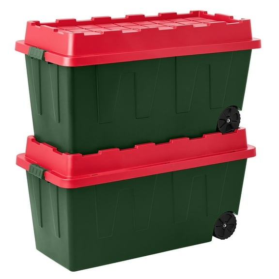 Member's Mark 64 Gallon Heavy-Duty Red & Green Wheeled Latch Storage Tote, 21.1" D x 46.5" W x 23.2" H