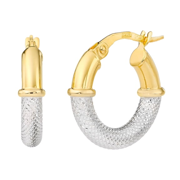 Two Tone High Polish & Textured Hoop Earrings in 14K Gold