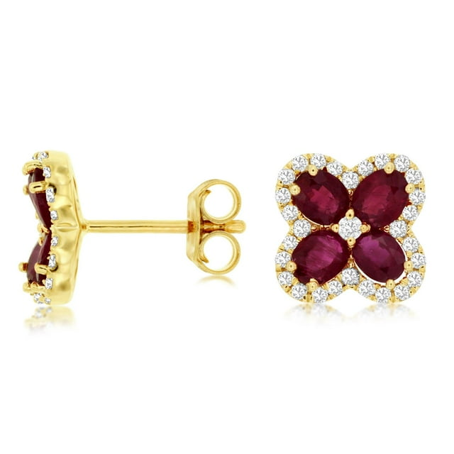 Oval Cut Gemstone & 0.35 CT.T.W. Diamond Clover Stud Earrings in 14K Gold