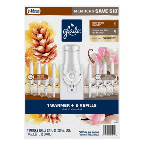 Glade PlugIns Scented Oil, Cashmere Woods with Sheer Vanilla Embrace, 1 Warmer + 9 Refills