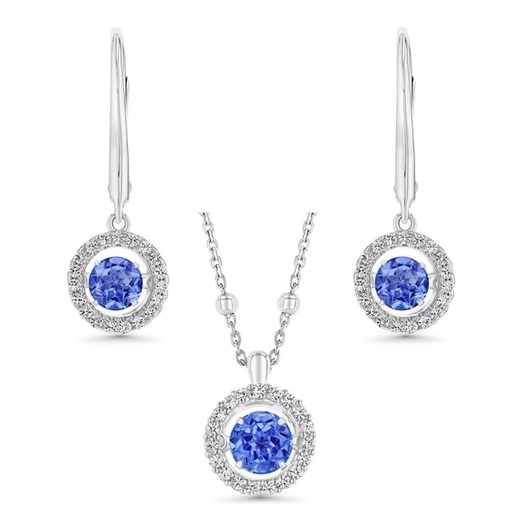 Round Cut Lab Created Gemstone Dancing Pendant & Earring Set in Sterling Silver