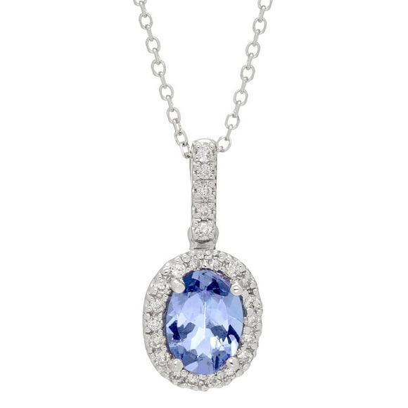 Oval Cut Genuine Gemstone & 0.11 CT. T.W. Diamond Halo Pendant Necklace in 14K Gold