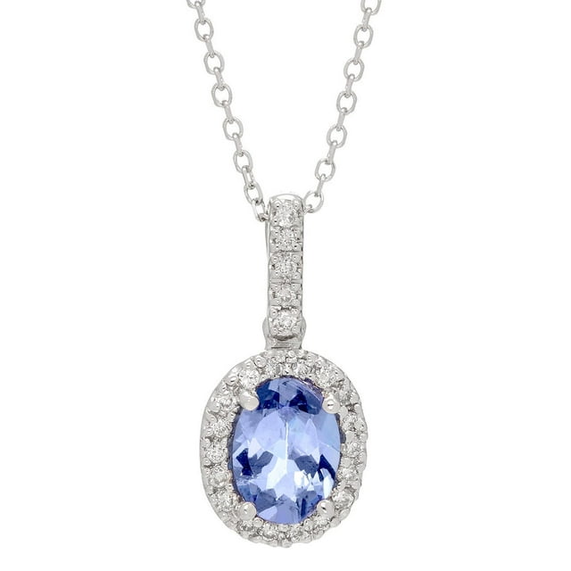 Oval Cut Genuine Gemstone & 0.11 CT. T.W. Diamond Halo Pendant Necklace in 14K Gold