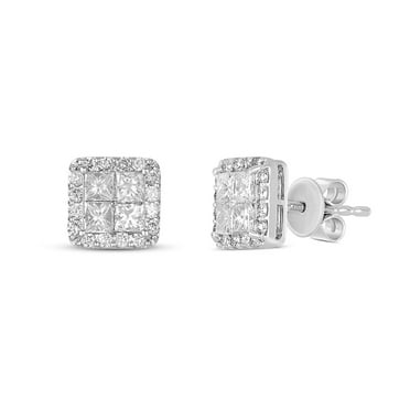1.00 C.T. TW Princess Cut Diamond Halo Stud Earrings in 14K Gold