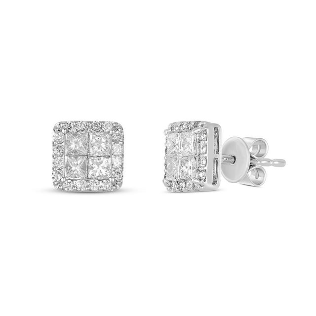 1.00 C.T. TW Princess Cut Diamond Halo Stud Earrings in 14K Gold