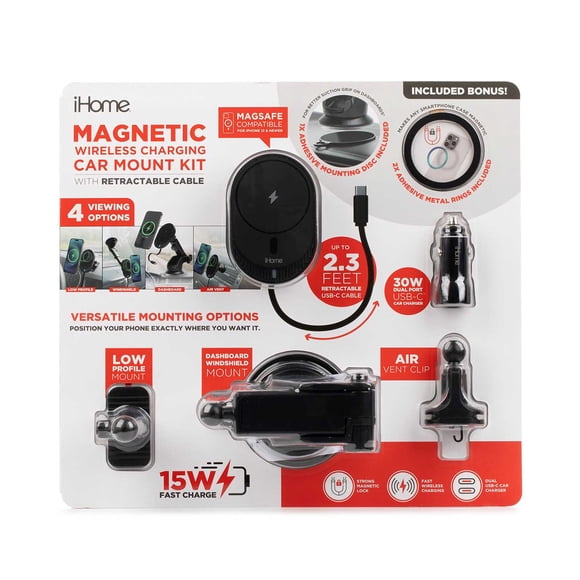 iHome 15W Magnetic Wireless Charging Car Mount 8pc Kit with Retractable Cable