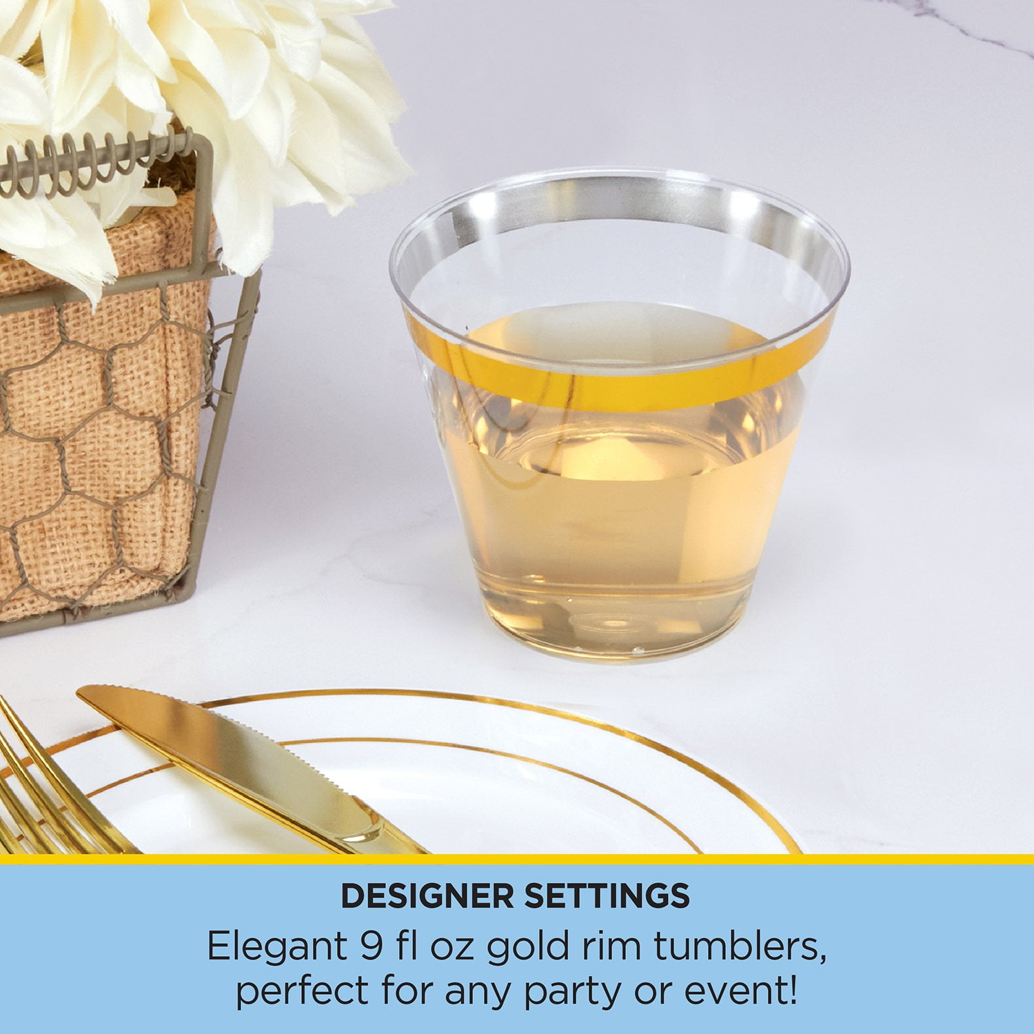Tableluxe Premium Gold Rimmed Clear Plastic Tumbler, 9 fl. oz, 48ct