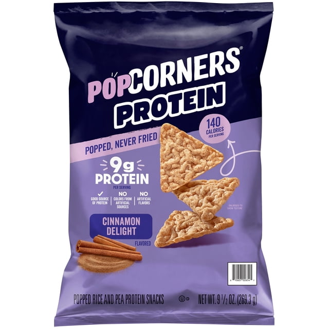 popcorners 9g protein, cinnamon delight popped corn protein chips, 9.5 oz. Front-facing purple retail bag showing three triangular popped corn protein chips center-right, cinnamon sticks and powder graphic lower-left, label text for "9g Protein" per serving, "140 calories" badge, "Popped, Never Fried" banner and net wt. 9.5 oz at bottom. Also suitable for on-the-go snacking when seeking a sweet cinnamon crunch.