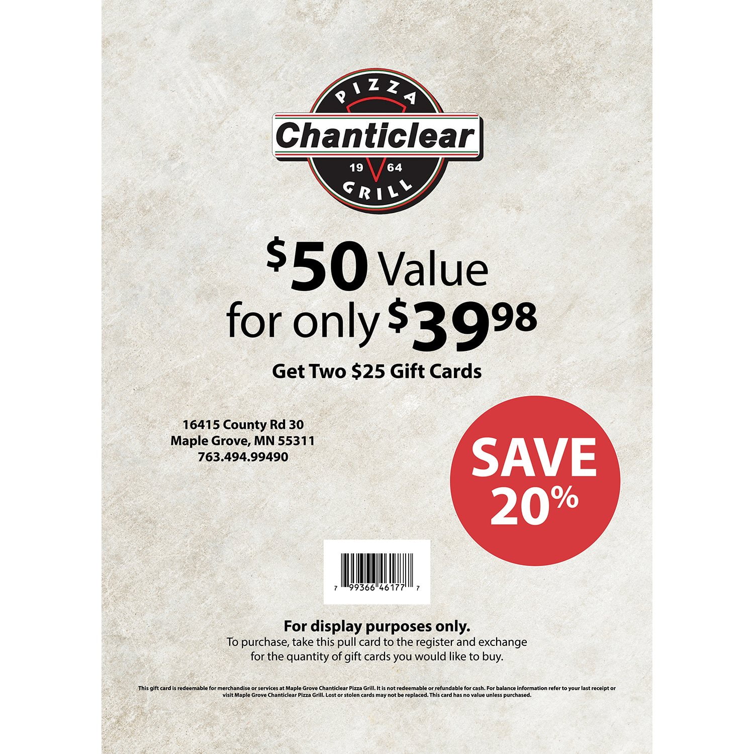 Chanticlear Pizza Grill $50 Multi-Pack Gift Card, x $25