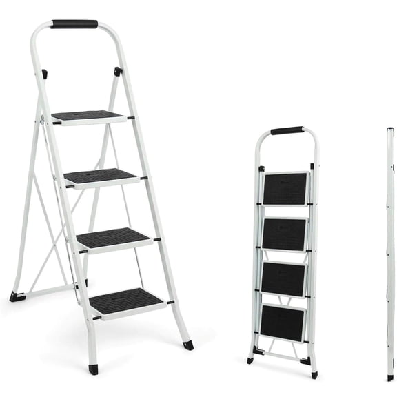 Simpli-Magic 4-Step Folding Ladder, White, ANSI Type III Certified, Lightweight Steel Step Stool with Extra-Wide Anti-Slip Steps and Locking Mechanism for Home, Office, Kitchen, Garage