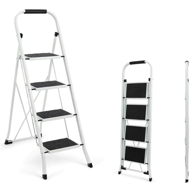Simpli-Magic 4-Step Folding Ladder, White, ANSI Type III Certified, Lightweight Steel Step Stool with Extra-Wide Anti-Slip Steps and Locking Mechanism for Home, Office, Kitchen, Garage