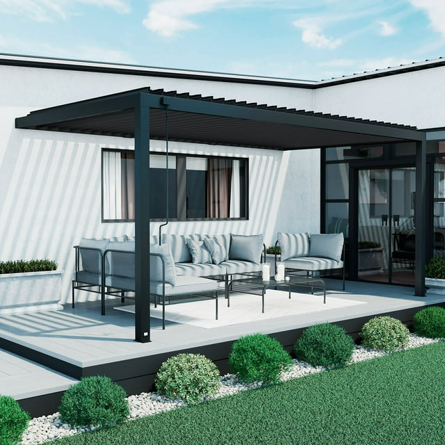 Backyard Discovery Evanston Steel Wall-Mounted Louvered Pergola with Adjustable Roof, Choose Size