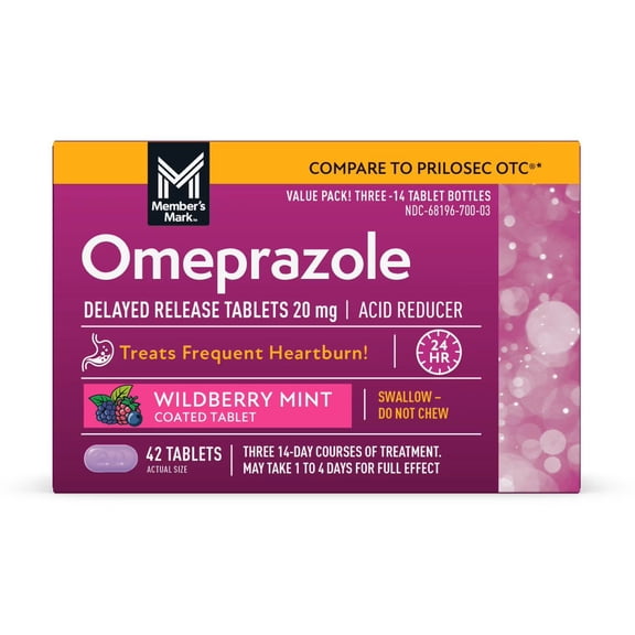 Member's Mark Wildberry Mint Omeprazole Tablets, 20mg, 42 ct.
