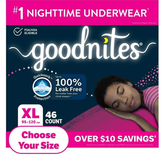 Goodnites Nighttime Bedwetting Underwear for Girls, Sizes Extra Small - Extra Extra Large