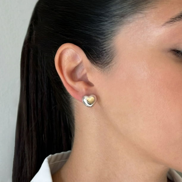 High Polish Puffy Heart Earrings in Sterling Silver & 14K Gold