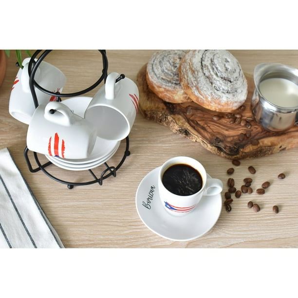 IMUSA 8-Piece 3oz Boricua Espresso Cups & Saucers Set with Rack