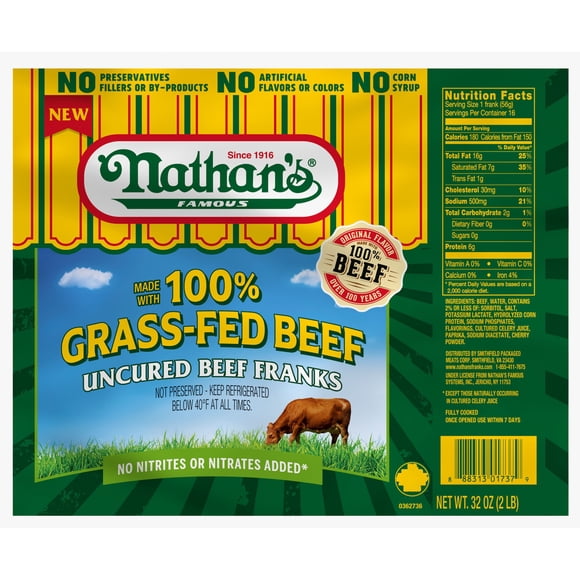 Nathan's Grass-Fed Skinless Beef Franks, 2 oz., 16 ct.