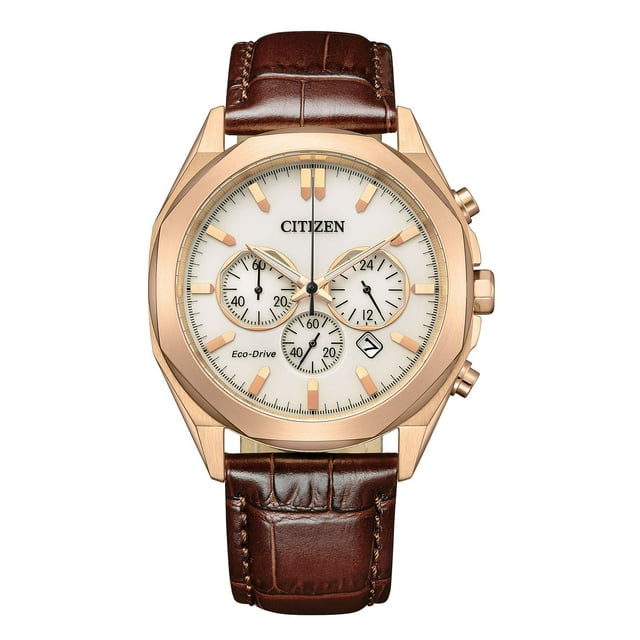 Citizen Eco-Drive Men’s Dress Classic Rose Gold-Tone Case Brown Leather Strap Chronograph Watch