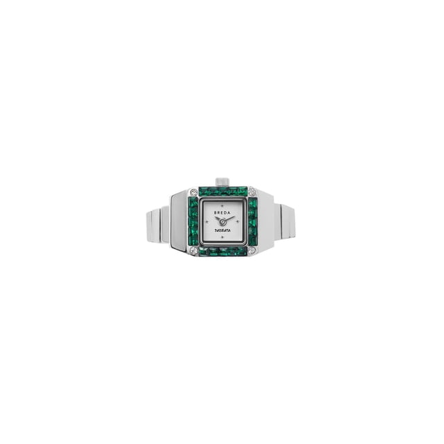 BREDA X Dalmata Time Ring Emerald Crystals and Stainless Steel Expandable Ring Watch, 15MM