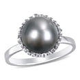 thumbnail image 1 of Black Round Tahitian Pearl and 0.22 CT. Diamond Halo Vintage Ring in 14K Gold, 1 of 6