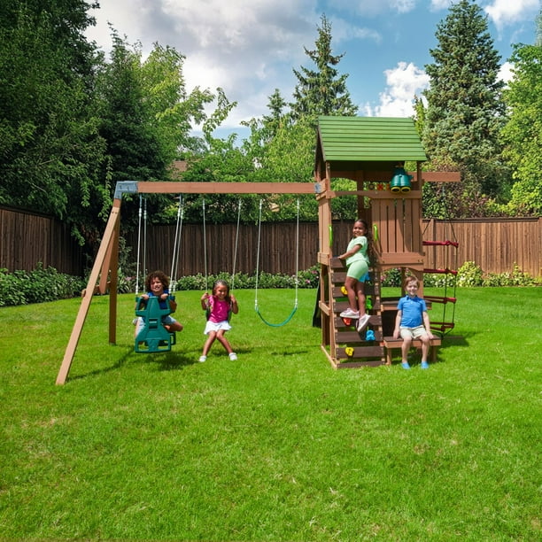 KidKraft Summerside Wooden Outdoor Swing Set with Steeple Climber
