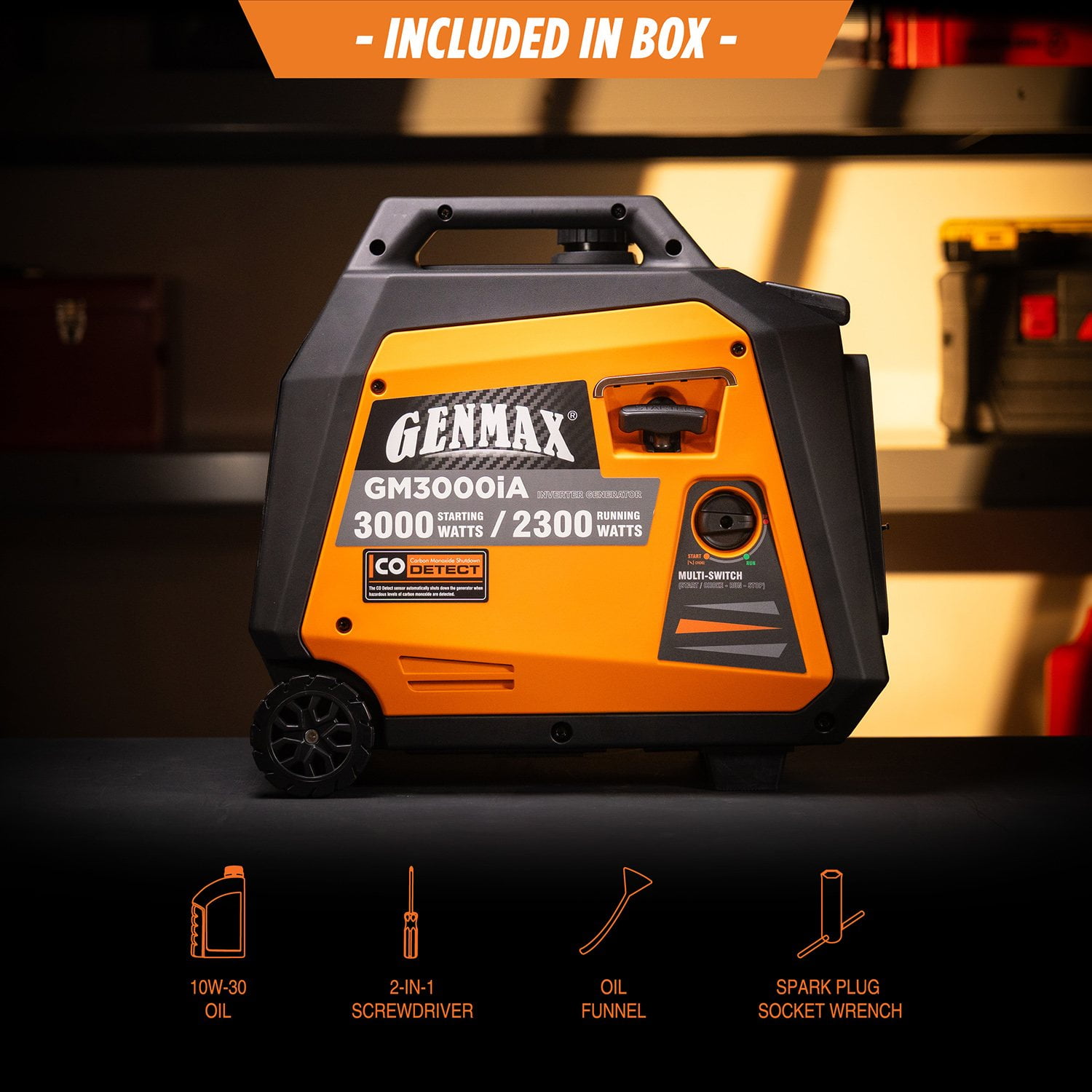 Genmax Portable Inverter Generator, 3000-Watt CO Sensor, Light