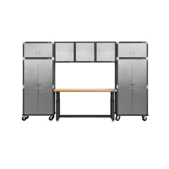 Seville Classics UltraHD 8-Piece Steel Garage Cabinet Storage Set With Height Adjustable Workbench, 12 Feet Wide Assorted Colors