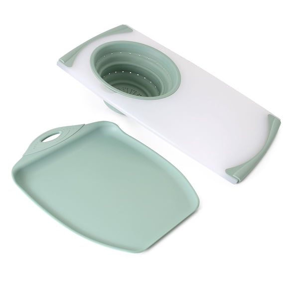 Dexas 2-Pack Over the Sink Strainer and Chop & Scoop Cutting Board, Choose Color