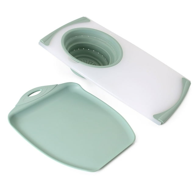 Dexas 2-Pack Over the Sink Strainer and Chop & Scoop Cutting Board, Choose Color
