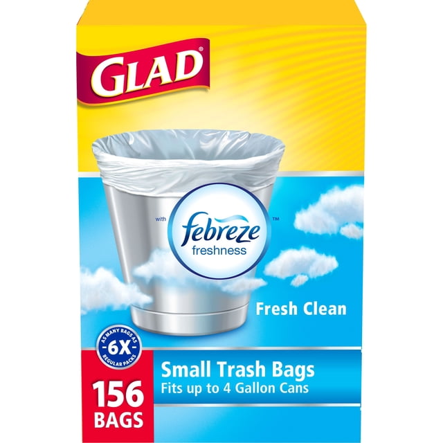 Glad Small Twist-Tie White Trash Bags, Fresh Clean Scent with Febreze Freshness, 4 gal., 156 ct.