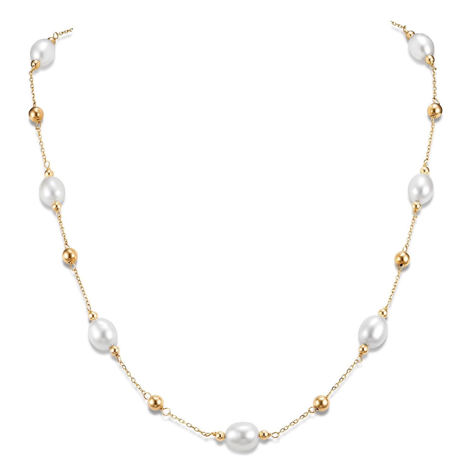 Freshwater Rice 8-9mm Pearl Station Necklace in 14K Gold